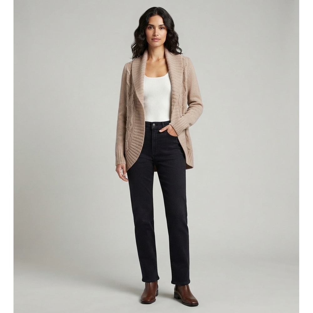 Tommy Hilfiger Women Tan Cable Knit Shawl Collar Cardigan Boyfriend Sweater Sz M